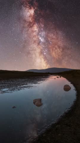 Beautiful night landscape , small lake and mountains under milky way galaxy.