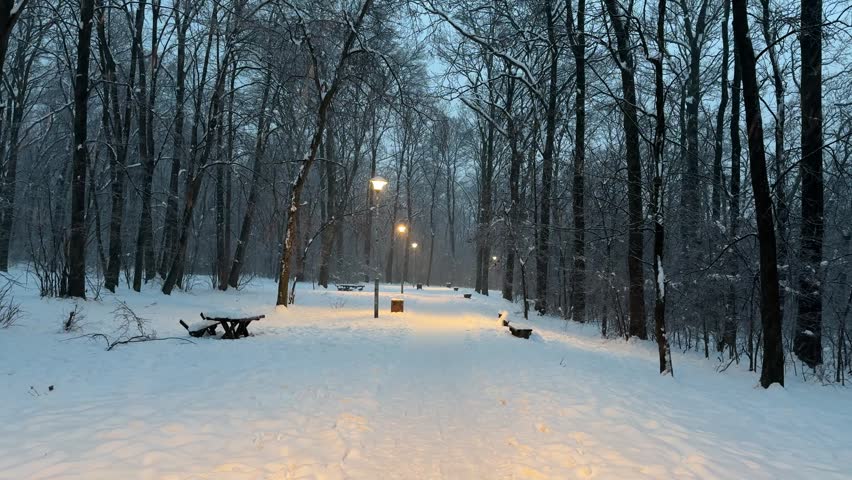 Snow falling in winter park in Belgrade with footprints on white path and warm light glowing between trees. Quiet snowy city landscape during cold evening snowfall
