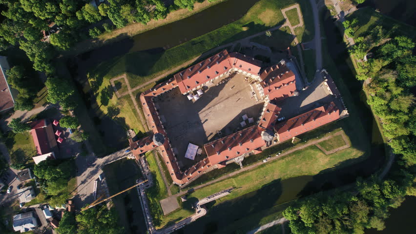 Aerial rotating view of Nesvizh Castle in Belarus
