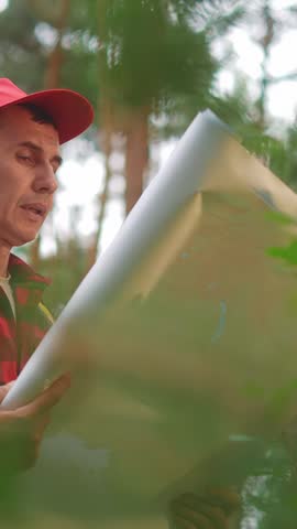 A man in a red cap studies a map in a wooded area. The man is focused on the map, surrounded by tall trees in a natural setting.