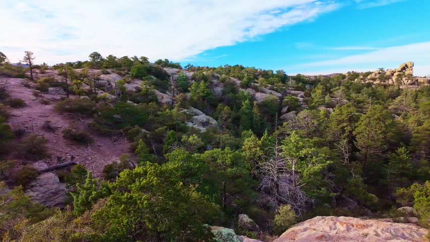 Close view of rhyolite pinnacles balanced rocks and hoodoos along Ed Riggs Trail in Chiricahua National Monument