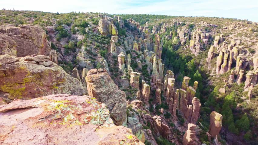 Close view of rhyolite pinnacles balanced rocks and hoodoos along Ed Riggs Trail in Chiricahua National Monument
