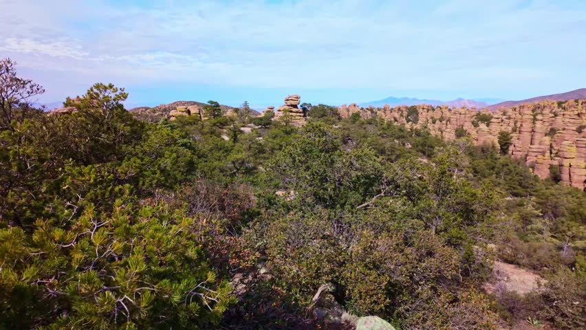 Close view of rhyolite pinnacles balanced rocks and hoodoos along Ed Riggs Trail in Chiricahua National Monument