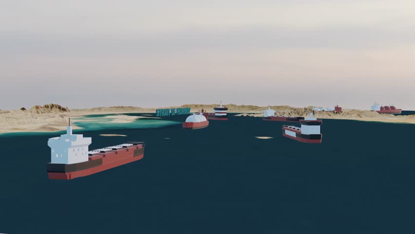 A high-quality 4K 3D animation featuring a cinematic camera pan and rotation over the Strait of Hormuz. The scene depicts realistic terrain and water surfaces with several large oil tankers navigating the narrow passage. Includes 3D floating text identifying the location. Ideal for content related to global trade, energy security, oil industry logistics, and Middle Eastern geopolitics.