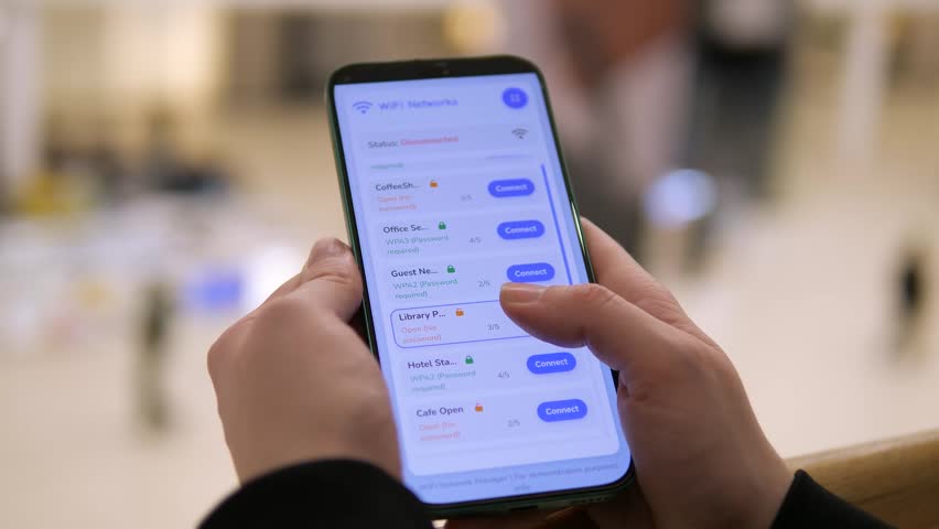 Person Searching for Public Wi-Fi Networks on Smartphone. Close-up of a user scrolling through available Wi-Fi hotspots in a public area. High-quality UI showing coffee shop, library, and office