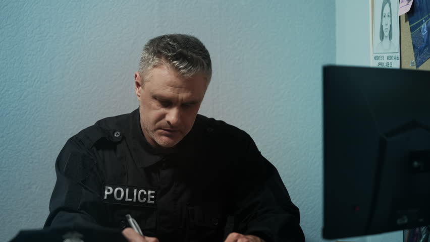 Focused middle-aged police officer working in office, filling official reports