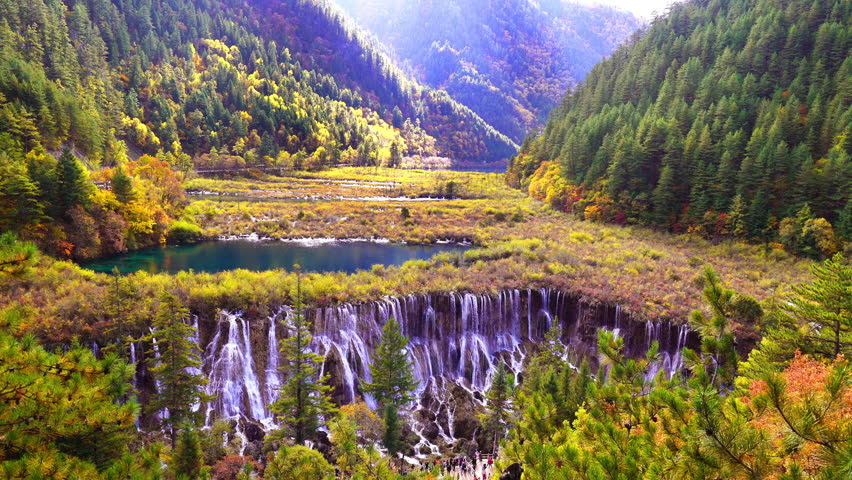 Nuorilang waterfall in Jiuzhaigou national park, China. Autumn in Sichuan.