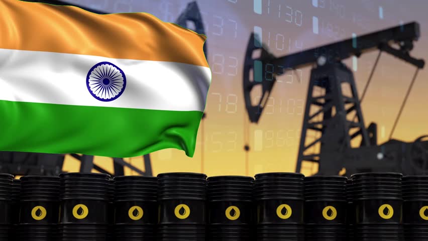 The Indian flag, rows of oil barrels and oil pumping platforms, financial data illustrating oil extraction, utilization, and market fluctuations. Competition in the Indian energy market.