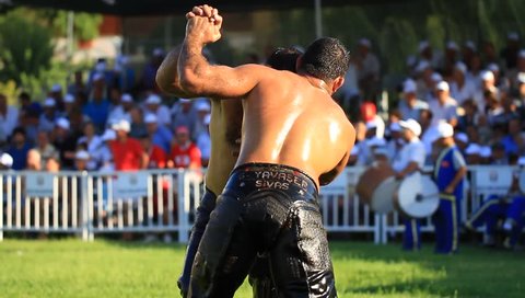 ISTANBUL - AUG 24: 8th Sile Annual Turkish Oil Wrestling Event on August 24, 2012 in Istanbul, Turkey. Wrestlers trying to hand-back of opponents neck

