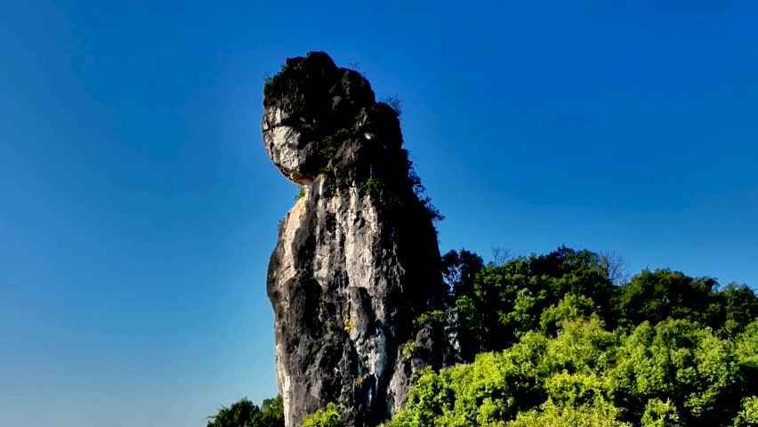 A tall and jagged limestone pinnacle rises against a clear blue sky in a lush tropical landscape