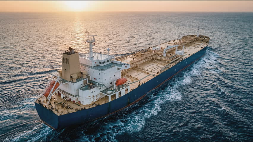 Oil tanker cruising at sunset across open sea with long wake, golden reflections, active deck details, steady navigation, powerful