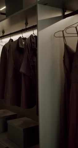 Modern walk-in closet with elegant clothes and storage boxes. Minimalist design, showcasing shirts, jackets and a dress. Stylish wardrobe in a contemporary home.