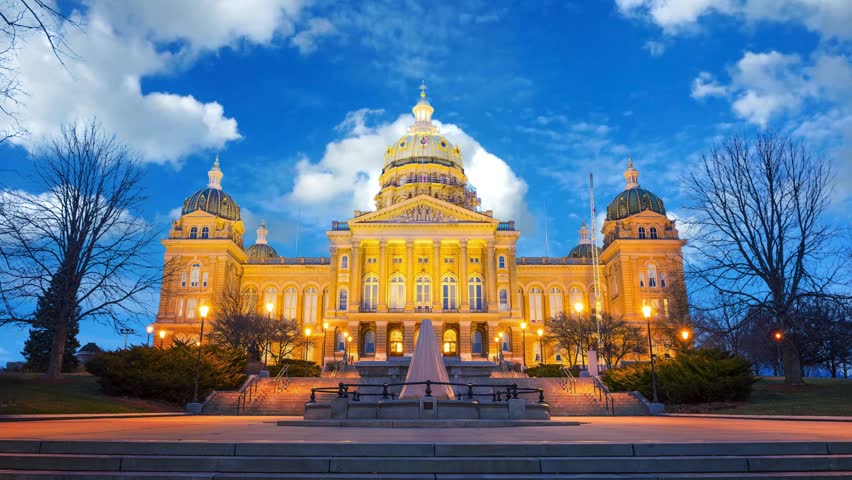 Des Moines, Iowa, USA at the Capitol BuildingAerial image of the Iowa State Capitol Building under repair and renovationDes Moines Iowa Capital Building Government Dome Architecture