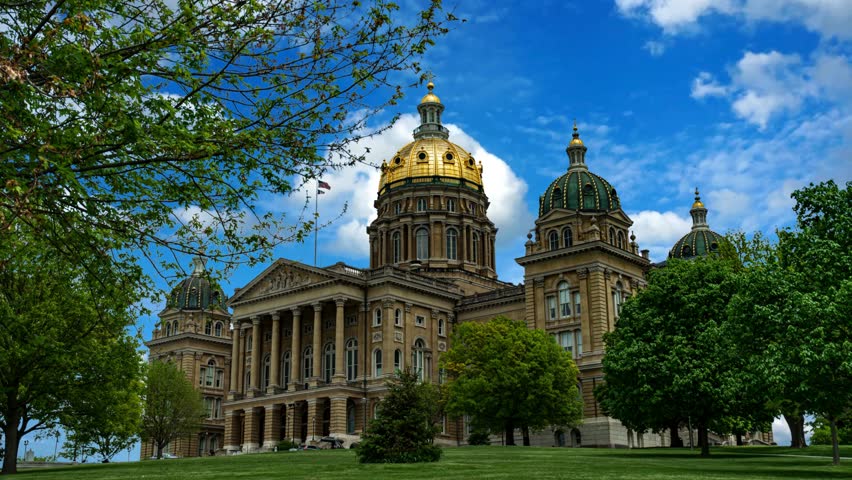 Aerial drone image of Iowa State Capitol Des Moines IowaState Capitol Building in Des Moines, Iowa, USADes Moines, Iowa, USA at the Capitol Building