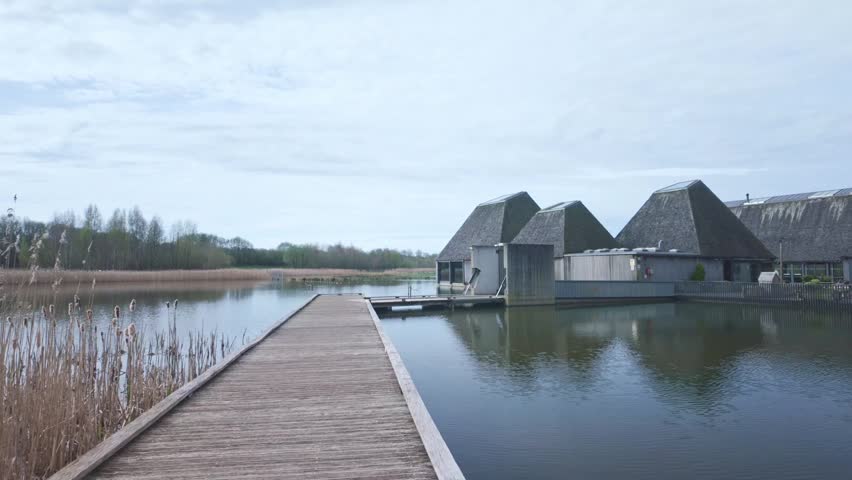 A smooth pan across the water at Brockholes Nature Reserve, following a rustic wooden boardwalk toward the iconic floating architecture. The video captures the calm lake, reflections of the geometric roofs, and the tranquil atmosphere of this award-winning sustainable conservation site.