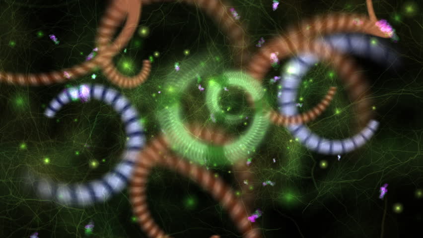 Abstract Microscopic Worms and Microorganisms Swirling in Neon Bio Science BG. Colorful abstract visualization of microscopic worms, bacteria and microorganisms swirling in a neon green bio background, suggesting microbiology, motion, chaos and scientific visualization for media and design.