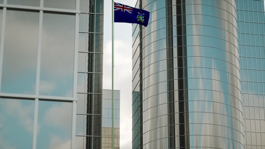 South Georgia and the South Sandwich Islands Flag 3D Render Animation on Pole with City Buildings