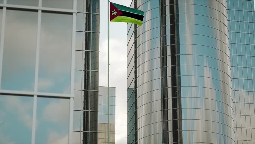 Mozambique Flag 3D Render Animation on Pole with City Buildings