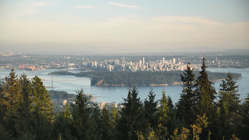 Stunning Vancouver city skyline panorama from Cypress Mountain Lookout, British Columbia, Canada. 4k footage