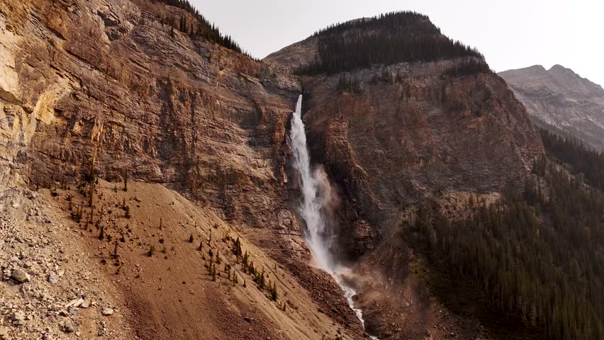 Cinematic aerial view of Takakkaw Falls, one of Canada