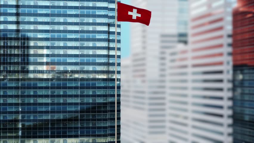 Switzerland Flag 3D Render Animation on Pole with Modern City Buildings – Shallow Depth of Field, Daytime View