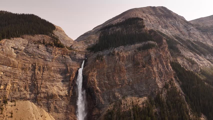 Cinematic aerial view of Takakkaw Falls, one of Canada
