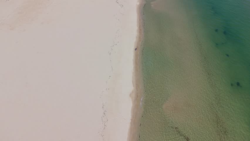  Aerial view of coastline with sand beach and clear water waves from above