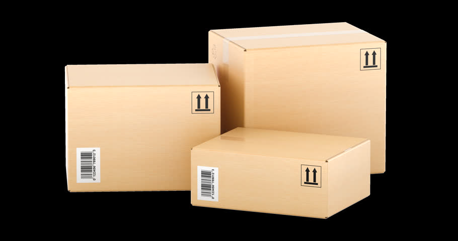 Cardboard delivery boxes or parcels, rotation animation seamlessly loopable. 3D rendering isolated on transparent background
