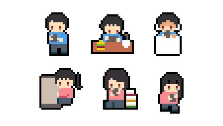 8-bit pixel art mobile addiction character set. looped animation 4k 30fps