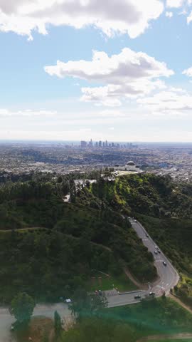 Griffith Observatory Los Angeles vertical aerial drone skyline view, February 20, 2026