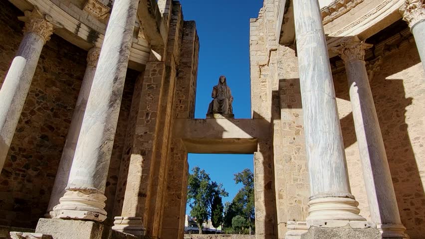 Roman Theatre of Mérida. Panoramic view of the roman columns, statues and friezes. Panoramic view of the Roman theatre stage. Emerita augusta. Spain. Roman Empire Architecture.