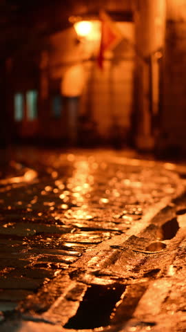 Wet cobblestone street reflecting warm glowing bokeh lights at dark night. Kotor Old Town, Montenegro