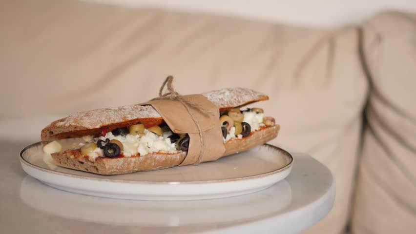 Close-up of delicious stuffed baguette sandwich on plate, hand picks up sandwich, slow motion.