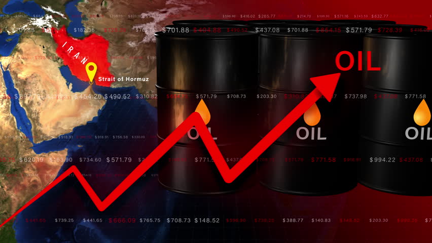 Oil barrels with rising arrow graphs show the effect of the Strait of Hormuz, representing global oil price surge, energy crisis, supply risk, and geopolitical impact on fuel markets.