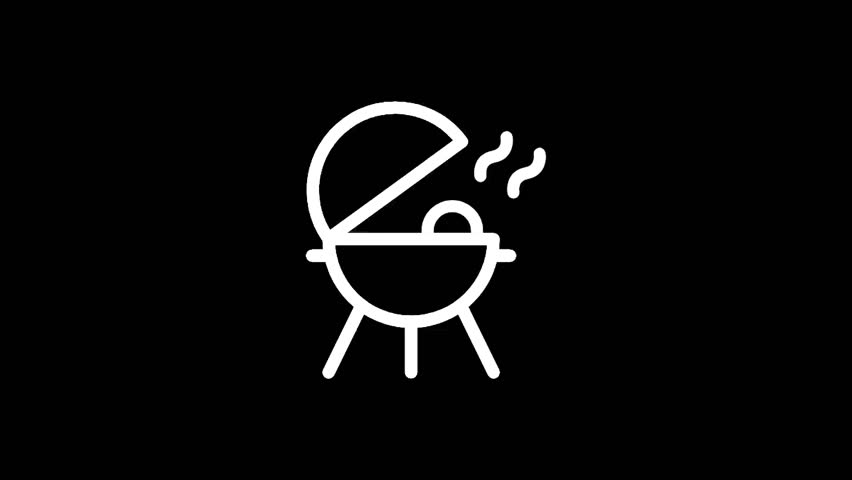 A minimalist white outline of a kettle grill with steam rising, set against a solid black backdrop, perfect for culinary themes