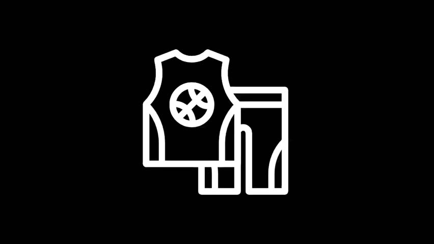A minimalist vector graphic depicting a basketball jersey and shorts with a basketball emblem, set against a solid black backdrop