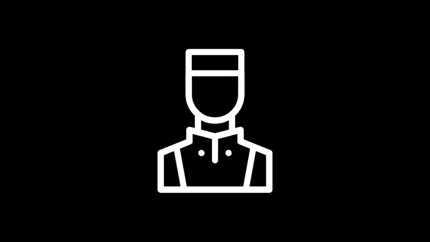 A simple white line art illustration of a person wearing a uniform and cap, representing hospitality or service industry roles