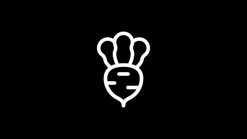 A minimalist white outline drawing of a beet with green leaves against a solid black backdrop, perfect for digital or print design elements