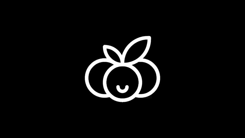 A minimalist white outline drawing of three blueberries with leaves and a happy face, set against a solid black backdrop