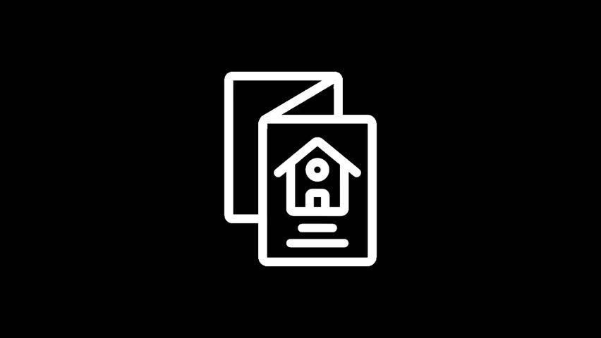 A minimalist white line art icon depicting an open brochure or pamphlet with a house symbol and a person inside, suggesting real estate services or property information