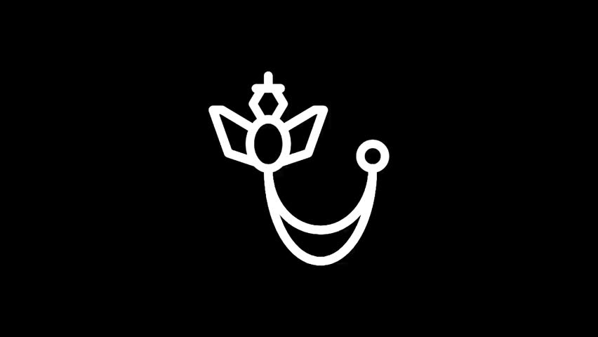 A simple, elegant line art representation of a royal crown with an attached chain and circular element, set against a stark black backdrop