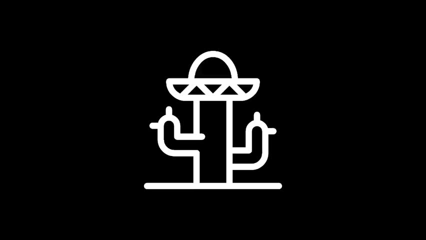 A minimalist graphic representation of a saguaro cactus adorned with a traditional Mexican sombrero, set against a stark black backdrop