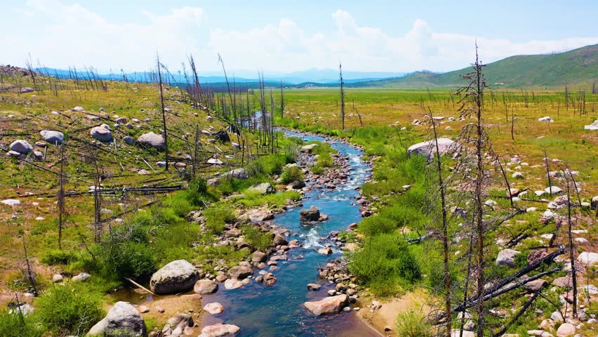 Aerial landscape view of a meandering stream flowing across a broad alpine valley, surrounded by grassy plains, rugged terrain, and layered mountains on a bright clear day.