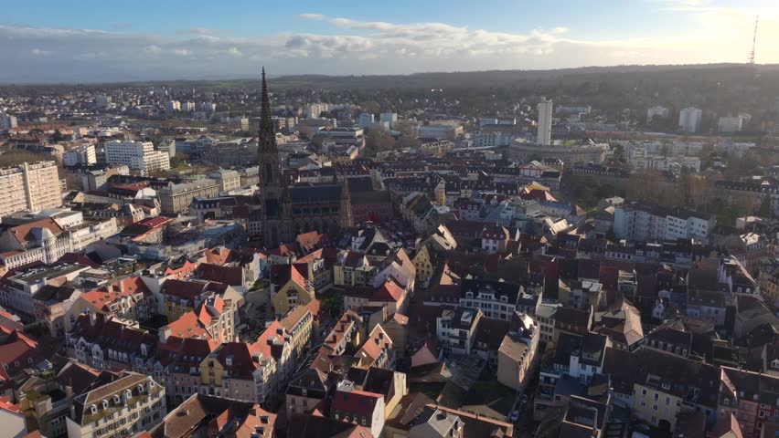 Aerial view of beautiful French city of Mulhouse in Alsace, France. Temple Saint-Etienne Cathedral at sunny winter day