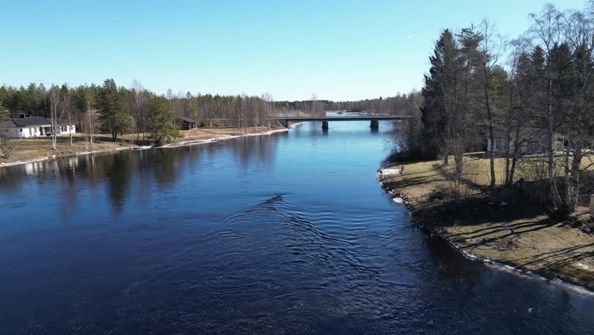 Aerial view of Kiiminkijoki river in Ylikiiminki, Oulu Finland