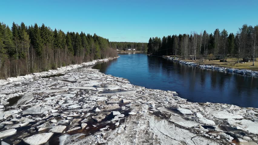 Aerial view of Kiiminkijoki river in Ylikiiminki, Oulu Finland