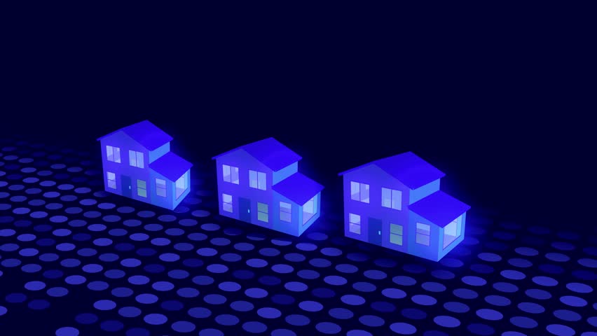 Animation showing three identical houses on a grid. Conceptual video about real estate, property choice, mortgage, and home ownership
