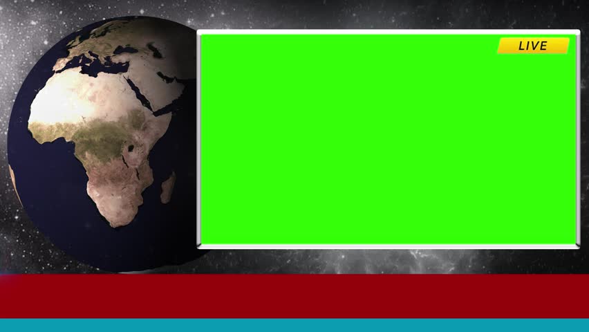 Professional news broadcast layout featuring a rotating Earth on the left and a large green screen placeholder for video insertion. Includes live tag and lower third banner, ideal for TV news, streaming overlays, virtual studios, and chroma key editing.