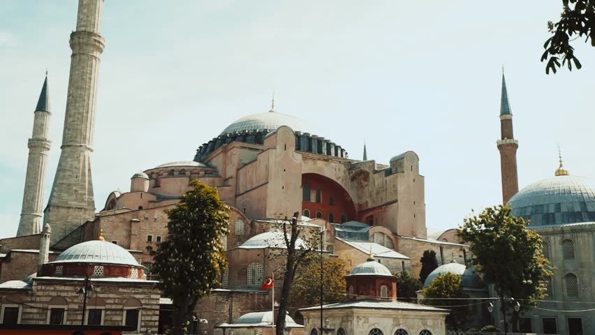 Interior view of the iconic Hagia Sophia in Istanbul, showcasing its magnificent Byzantine architecture, massive dome, intricate details, and historical significance.