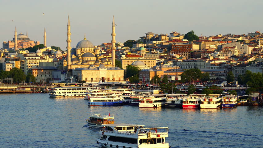 Scenic of Istanbul city and touristic sightseeing ships in Turkey.